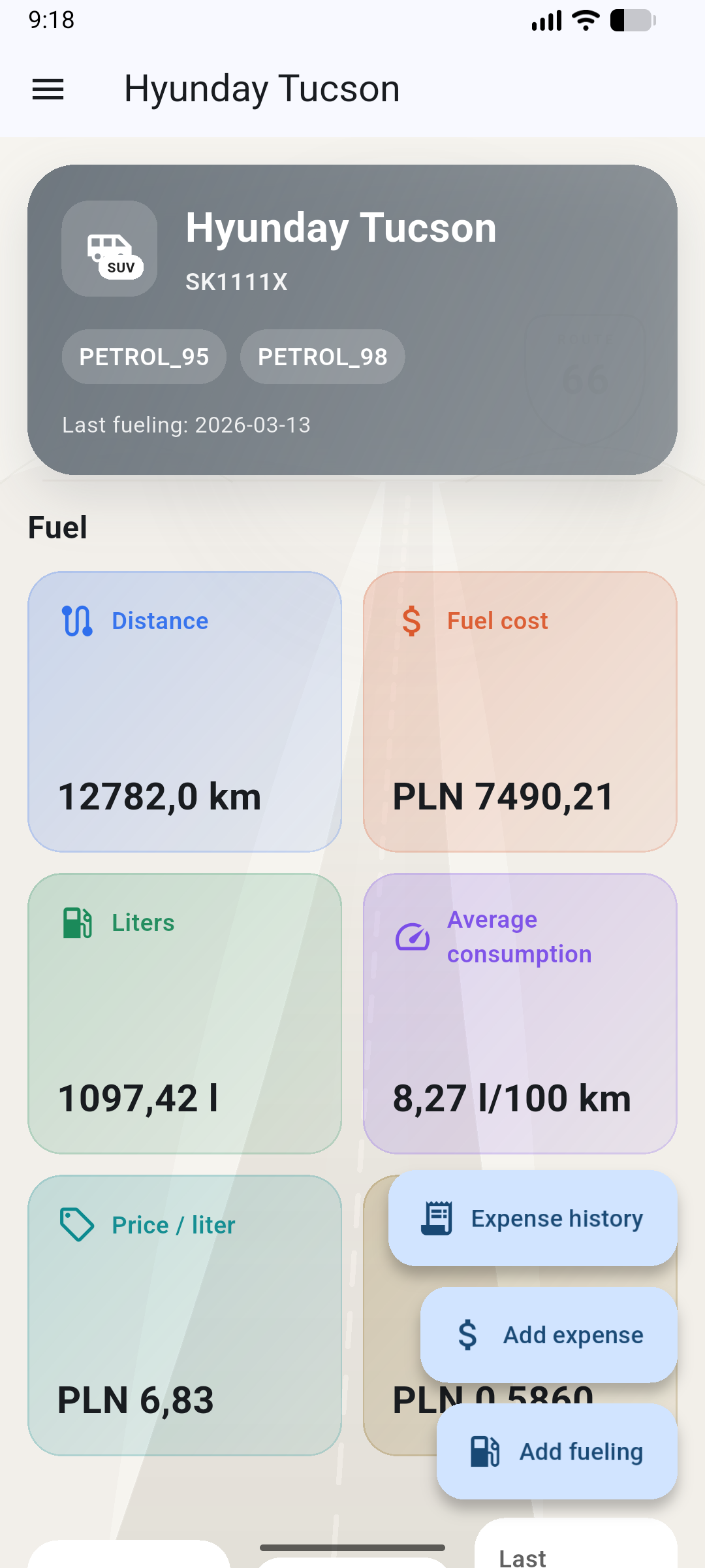Ekran główny — dashboard pojazdu
